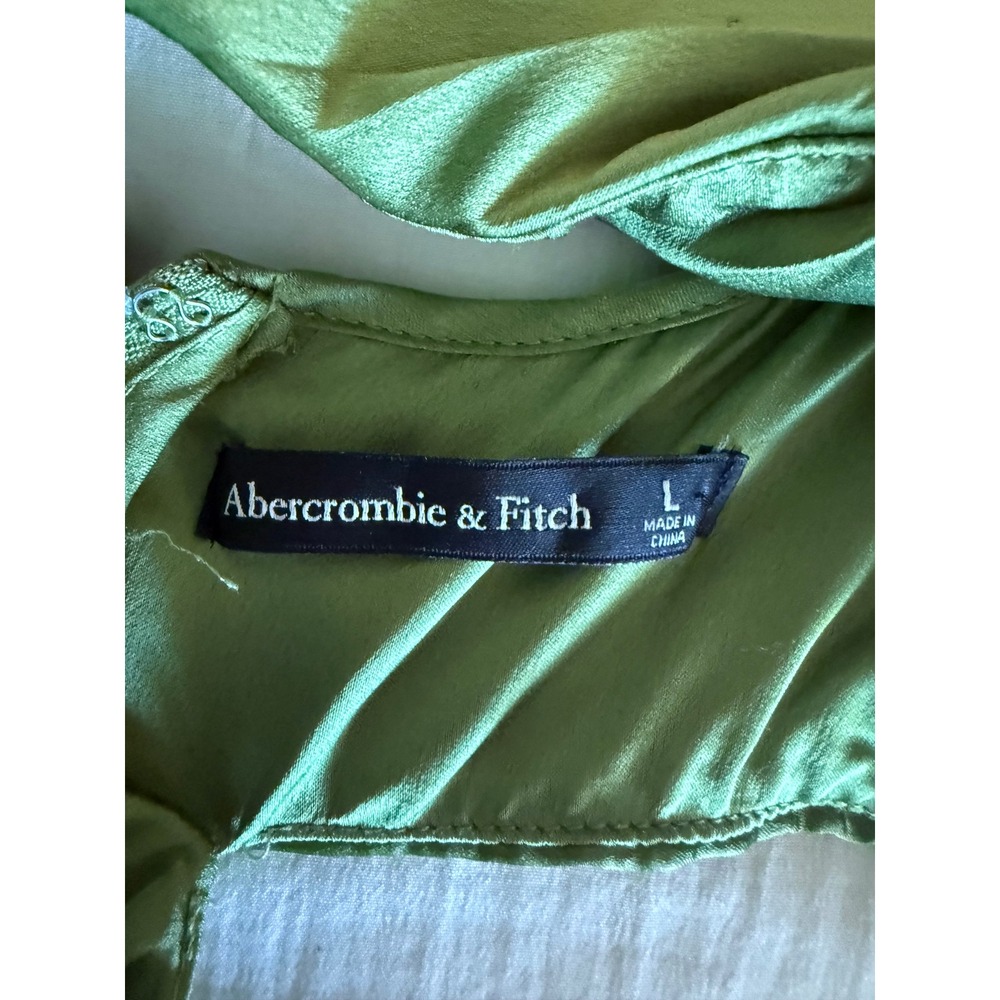 Abercrombie & Fitch Pleated Green Cut Out Maxi Dress Sz L Deep V Satin Goddess - Picture 6 of 8
